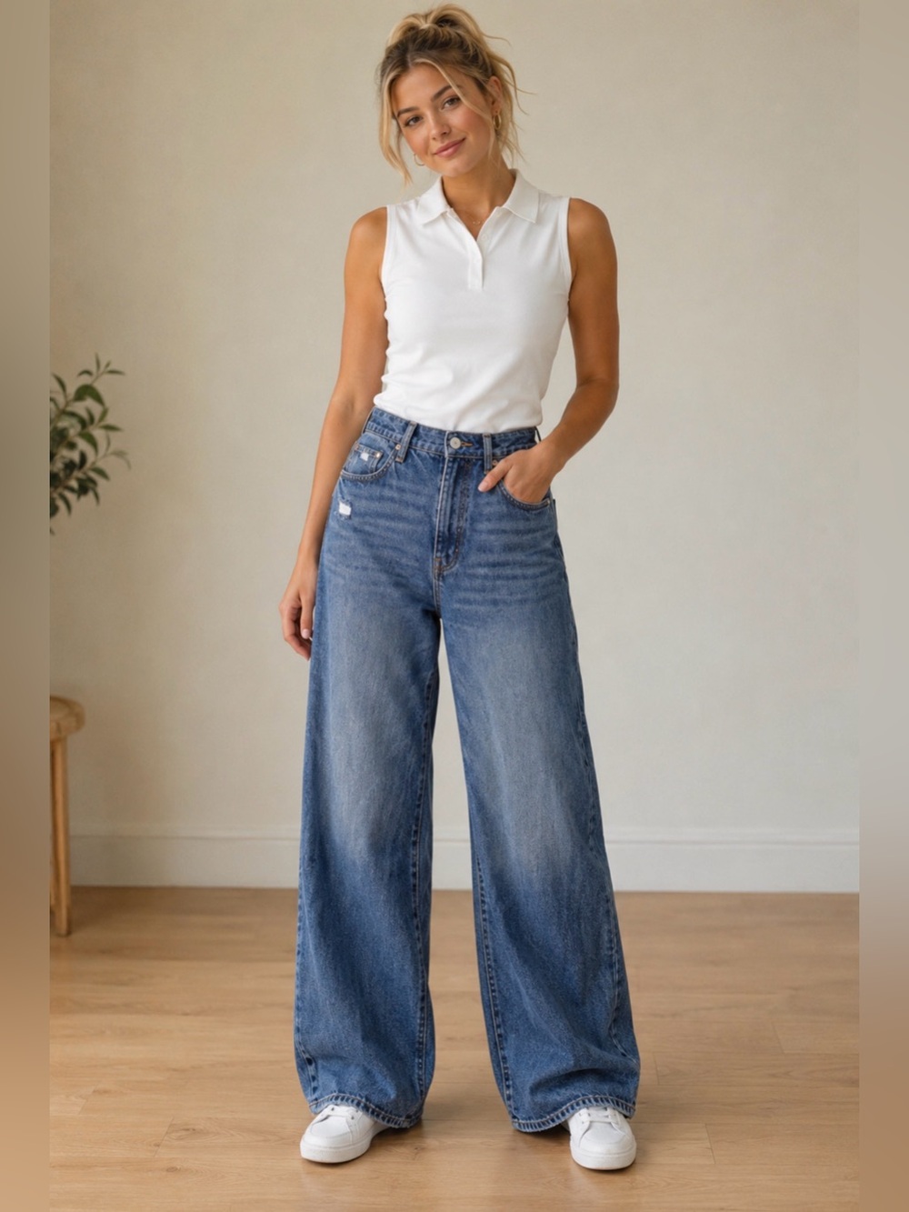 Redy wide leg, distressed, high‎ waisted jeans